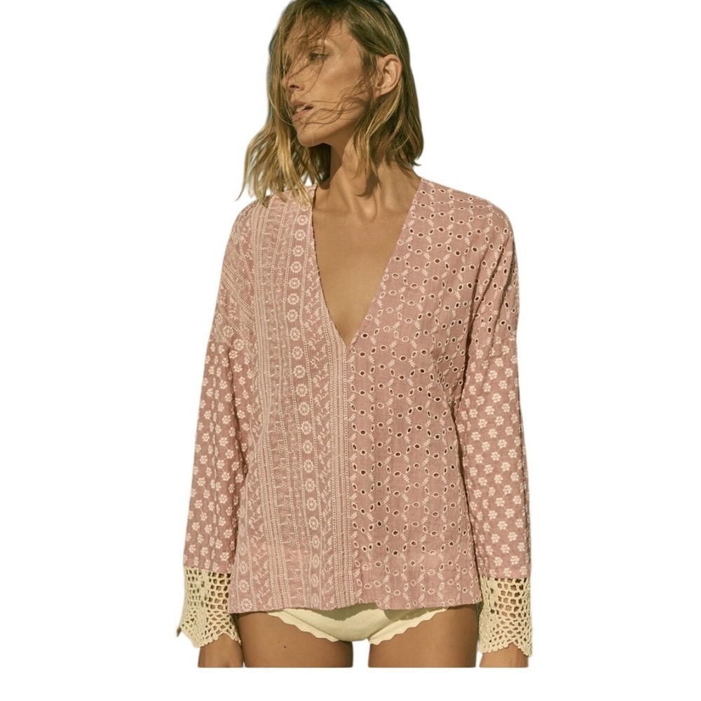 Zara Pink Embroidered Eyelet Blouse Size L Cottagecore Crochet Bell Sleeve